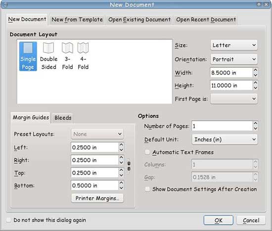 Окно создания нового документа Scribus